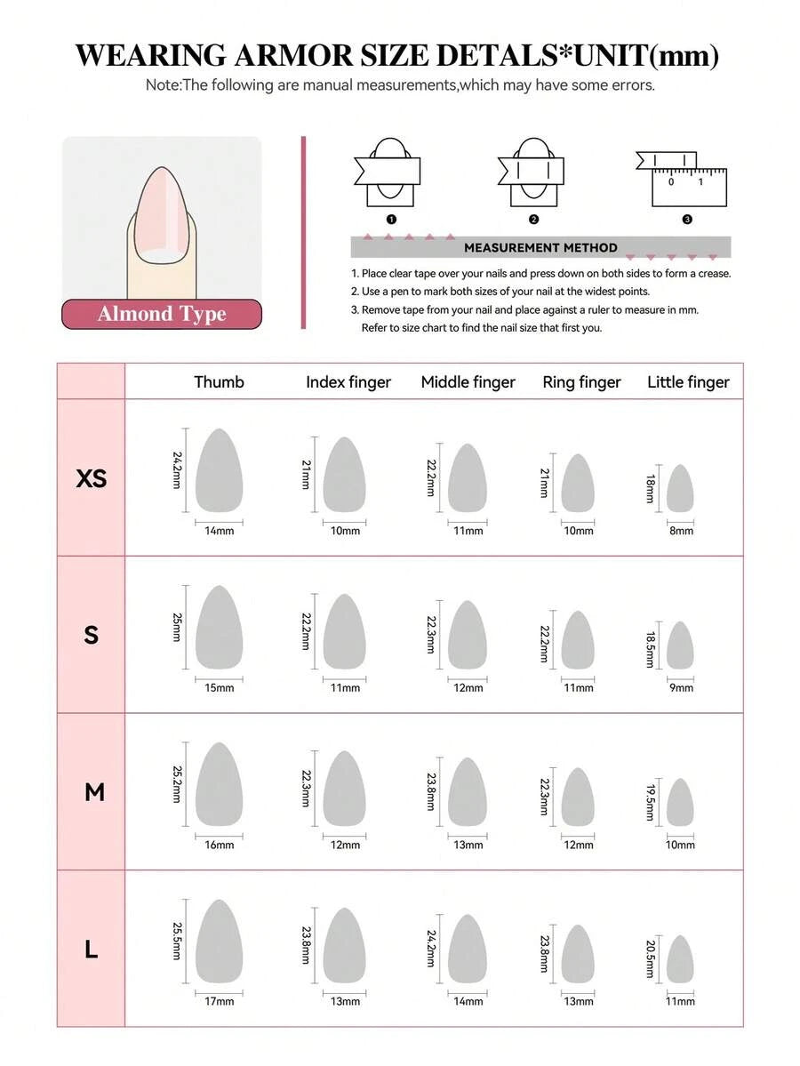 Almond nail size chart with nail bed widths per finger