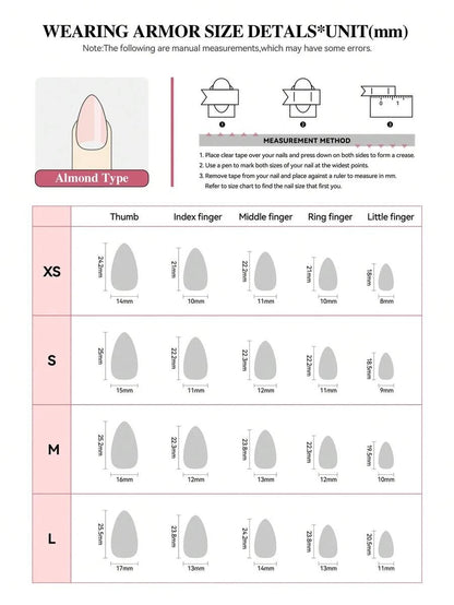 Almond nail size chart with nail bed widths per finger