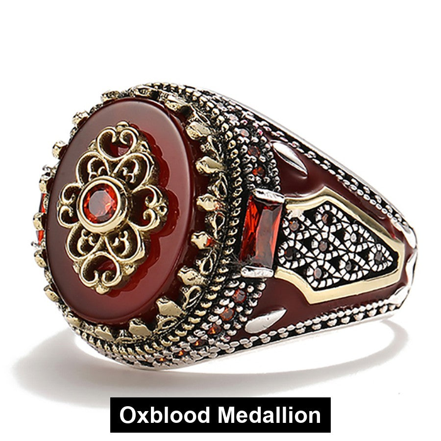 Oxblood Medallion antiqued filigree signet ring