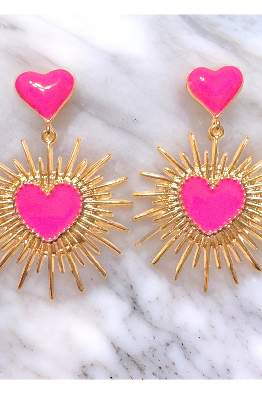 Pink Burst Milagro Corazon Dangle Earrings