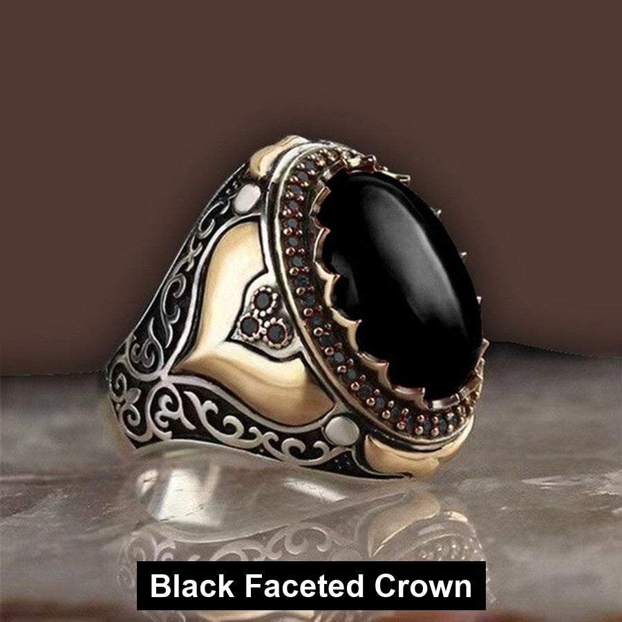 Black Faceted Crown antiqued filigree signet ring