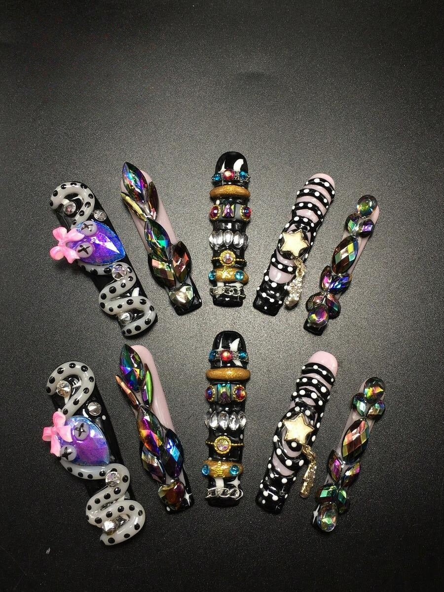 Serpent Siren black aurora crystal snake extra long coffin press-on nails