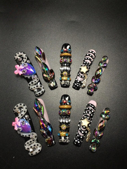 Serpent Siren black aurora crystal snake extra long coffin press-on nails