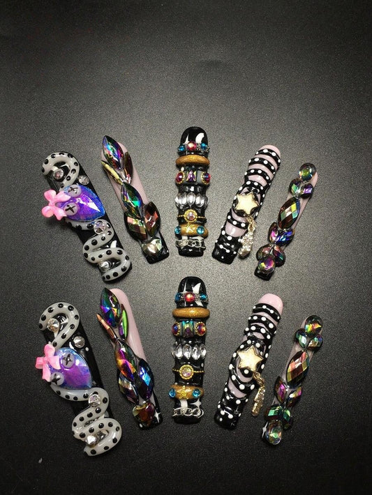 Serpent Siren black aurora crystal snake extra long coffin press-on nails