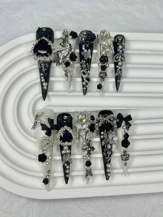 Black and white ombre extra long stiletto press-on nails with 3D bows, pearls and roses
