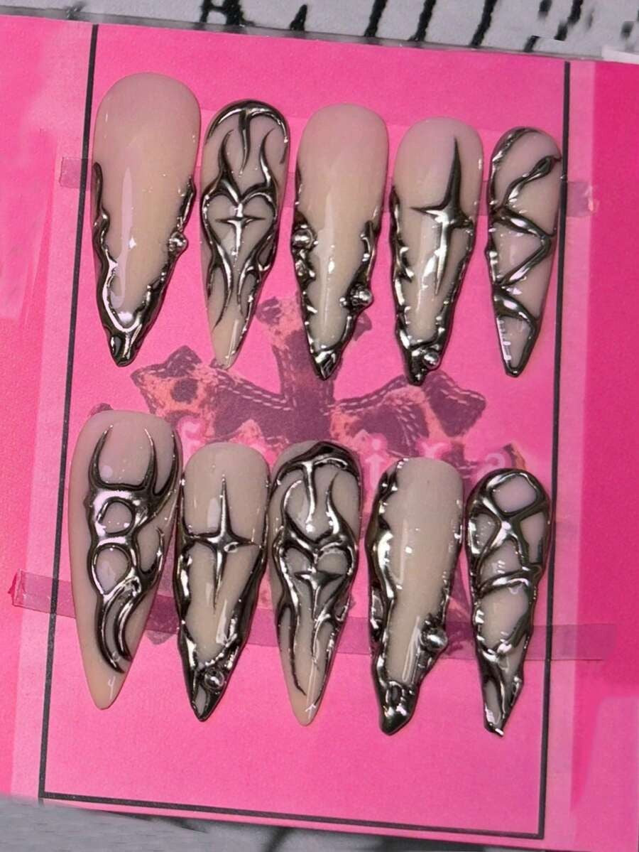 Chrome swirl stiletto press-on nails, full set