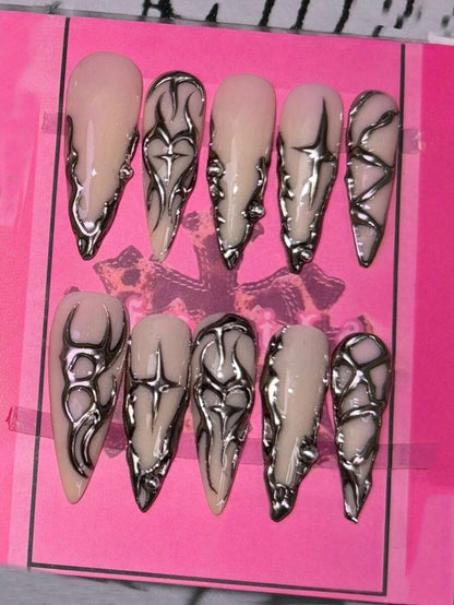 Chrome swirl stiletto press-on nails, full set