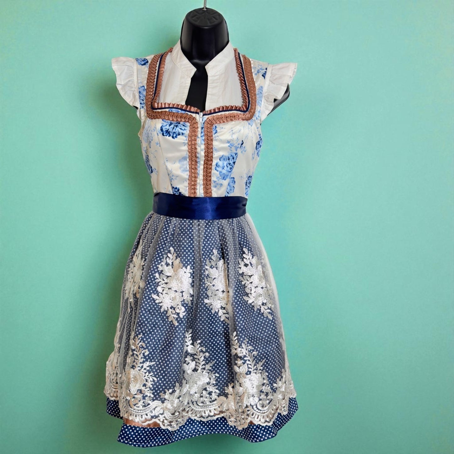 Blue Floral Lace Dirndl Dress Freya