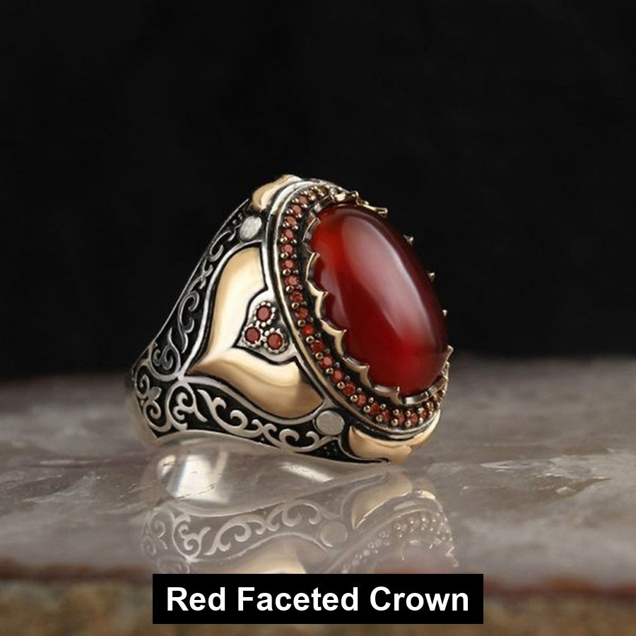 Red Faceted Crown antiqued filigree signet ring