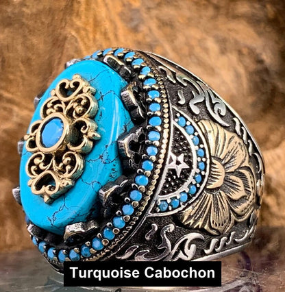 Turquoise Cabochon antiqued filigree signet ring