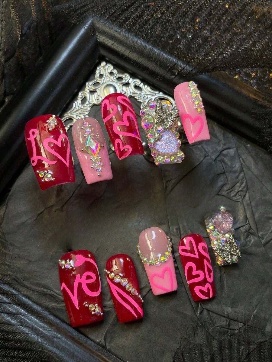 Love Letter cherry red and pink heart lettering medium square press-on nails