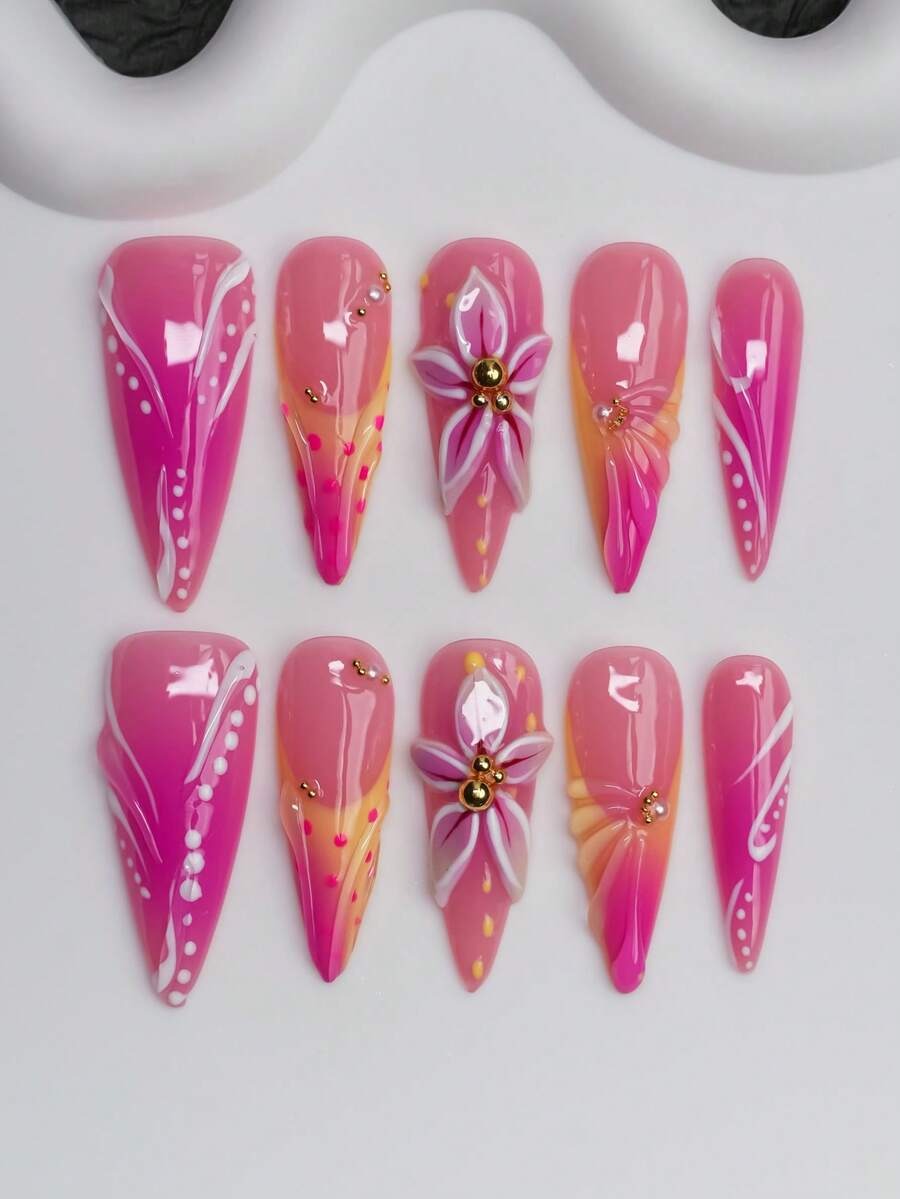 Hot pink and orange gradient long stiletto press-on nails with 3D lily and gold beads