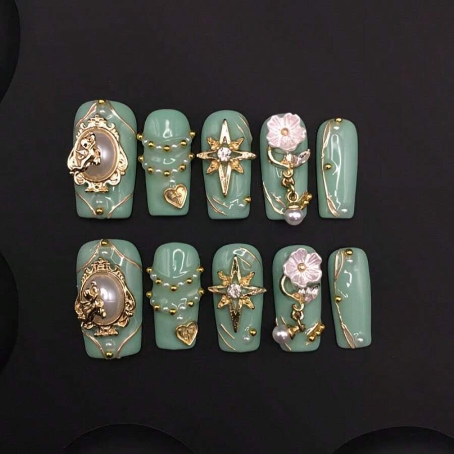 Sage Cameo gold baroque and pearl flower medium square press-on nails
