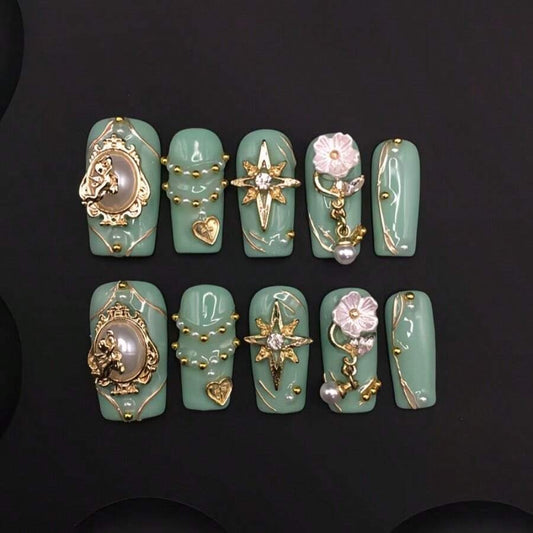 Sage Cameo gold baroque and pearl flower medium square press-on nails
