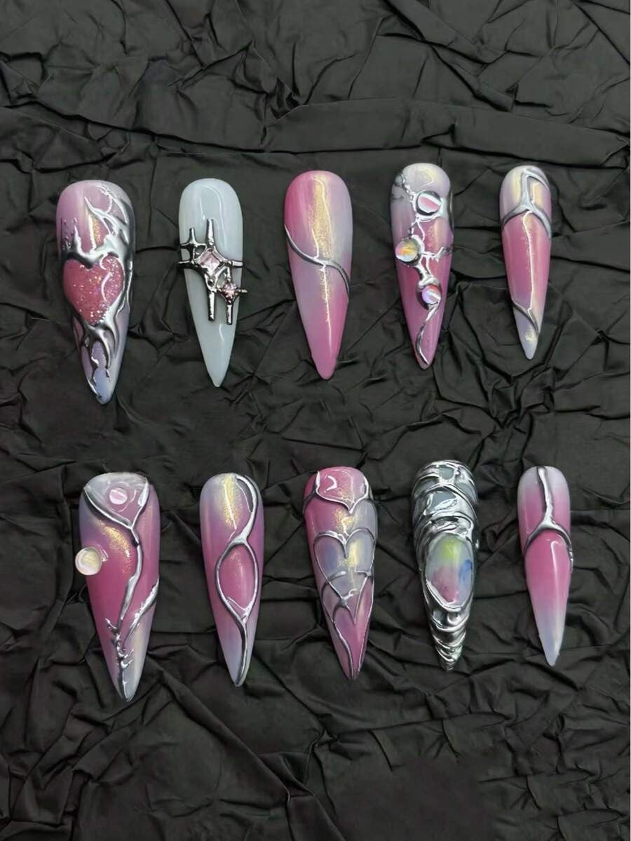 Pink, lilac and blue-grey cat-eye stiletto press-on nails with chrome silver lines
