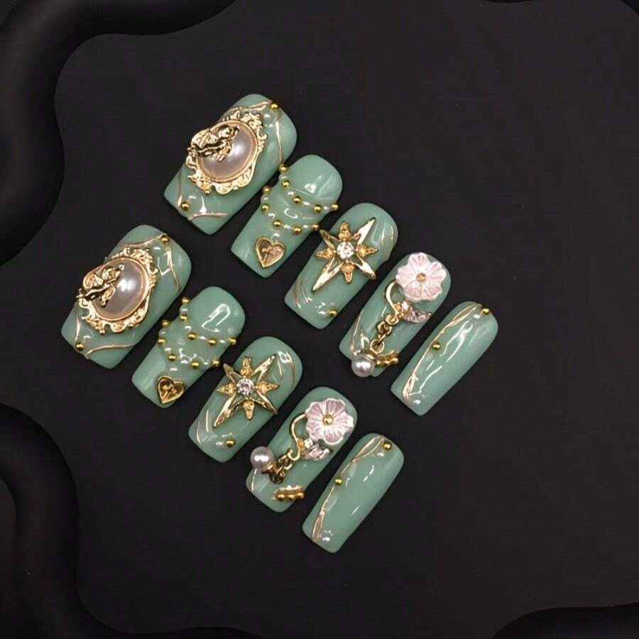 Sage Cameo press-on nails gold baroque detail