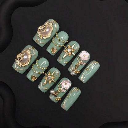 Sage Cameo press-on nails gold baroque detail