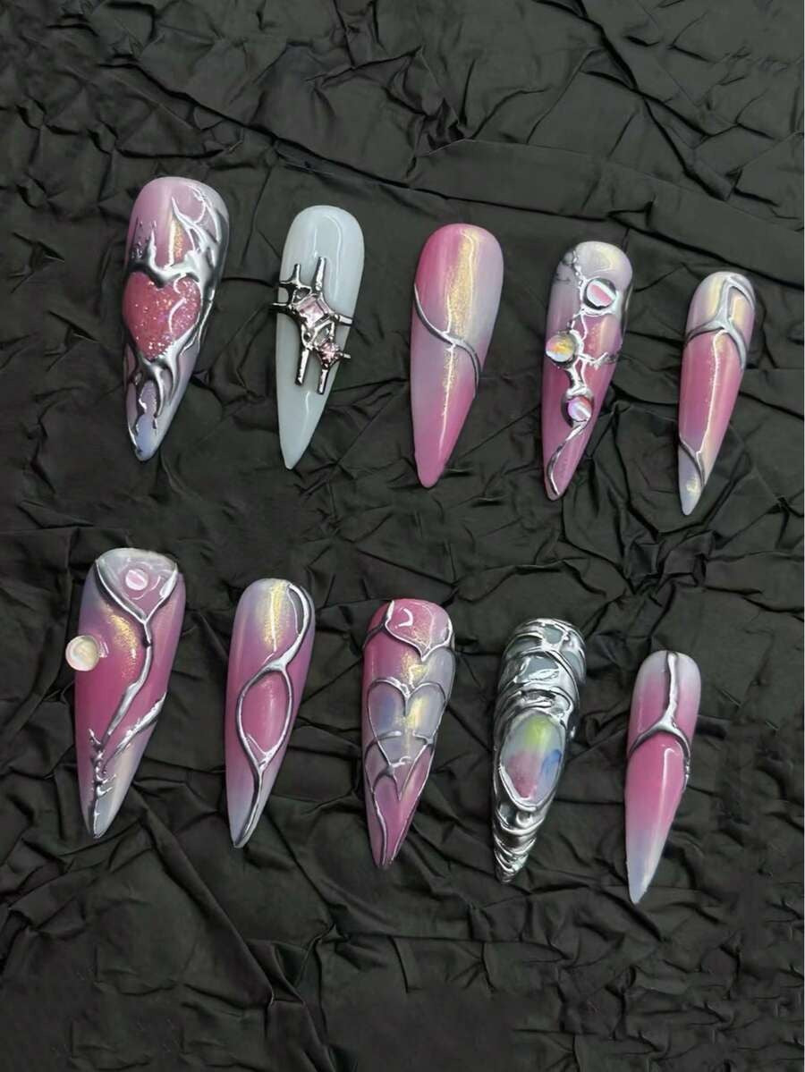 Pastel cat-eye stiletto press-on nails, detail view