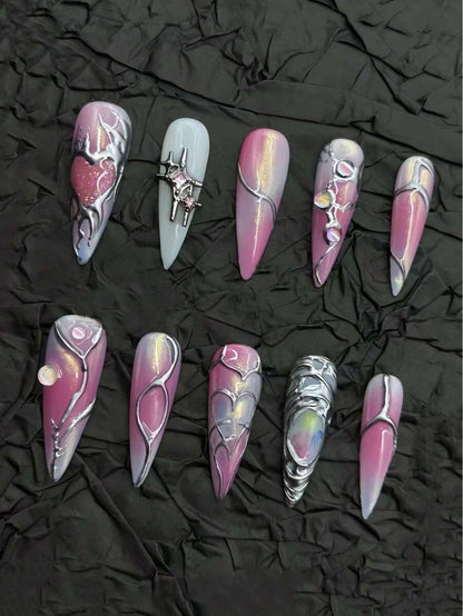 Pastel cat-eye stiletto press-on nails, detail view
