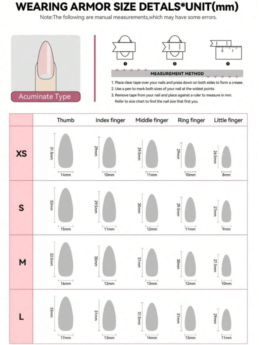 Press-on nail size chart in millimeters for each size