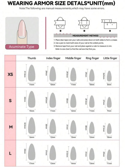 Press-on nail size chart in millimeters for each size