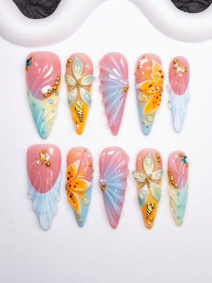 Coral Cove seashell lily pink ombre almond press-on nails