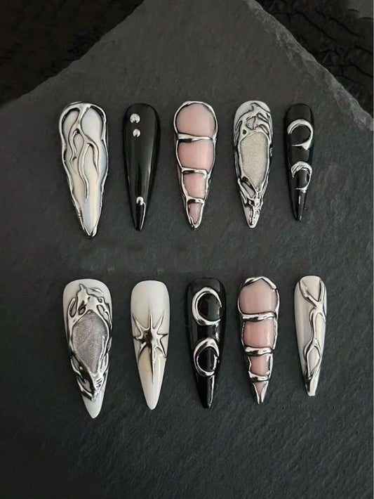 Black, white and grey chrome stiletto press-on nails with crescent moon rings and stars