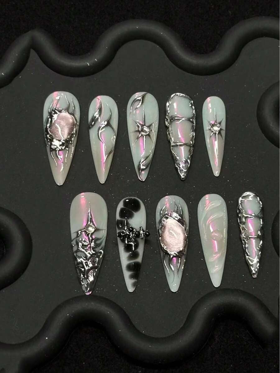 Iridescent mint and pink chrome long stiletto press-on nails with silver filigree