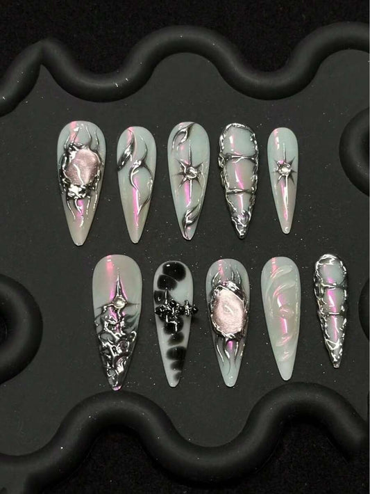 Iridescent mint and pink chrome long stiletto press-on nails with silver filigree