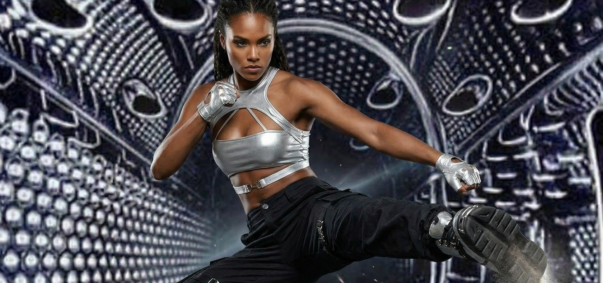 Woman in athletic wear posing in front of a futuristic background