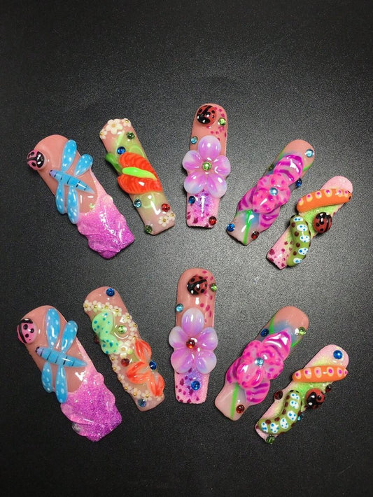 Extra long square press-on nails with 3D dragonfly, ladybugs, flowers and caterpillar