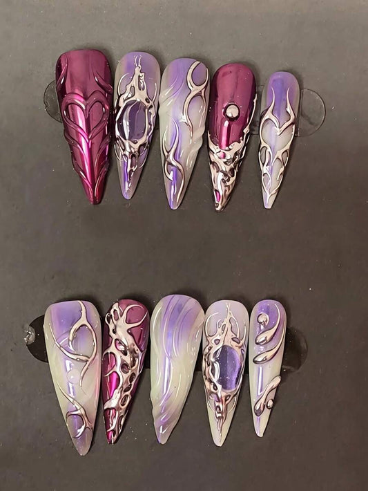 Magenta chrome and lilac stiletto press-on nails with silver liquid-metal swirls