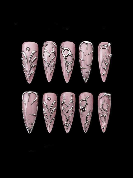 Silver Veins blush pink chrome filigree long almond press-on nails