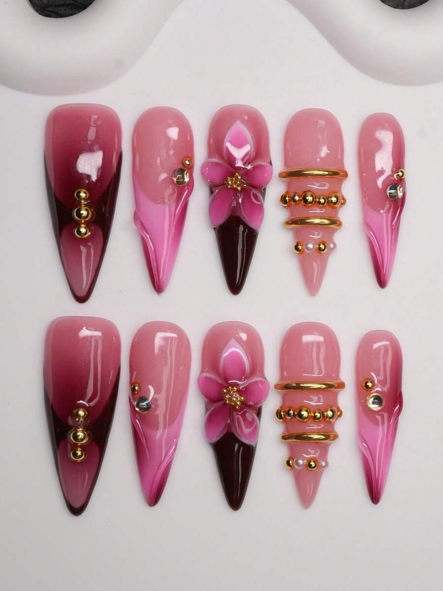 Burgundy-to-pink ombre French long stiletto press-on nails with 3D flower and gold rings