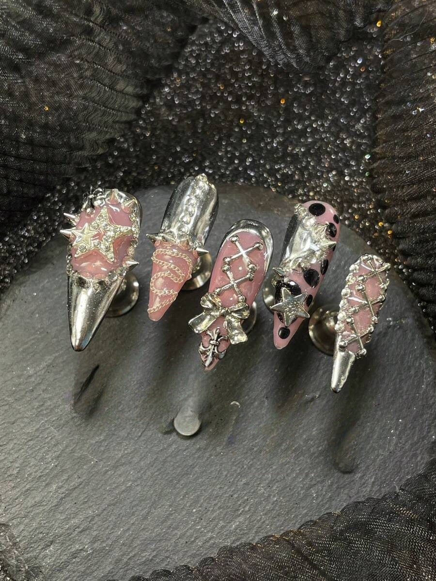 Pink chrome-tip stiletto press-on nails, full set