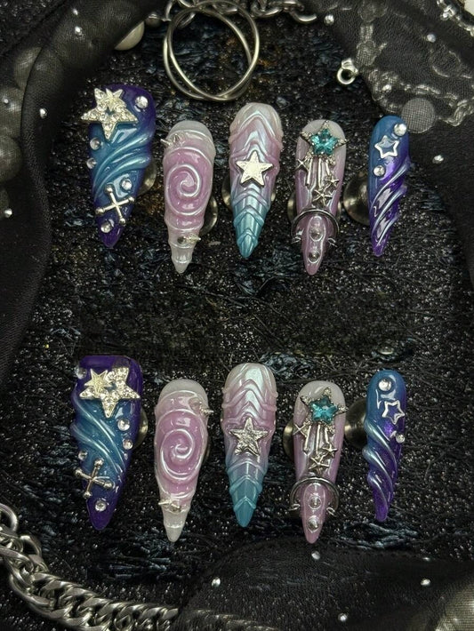 Astral Mermaid blue-violet ombre star charm long stiletto press-on nails