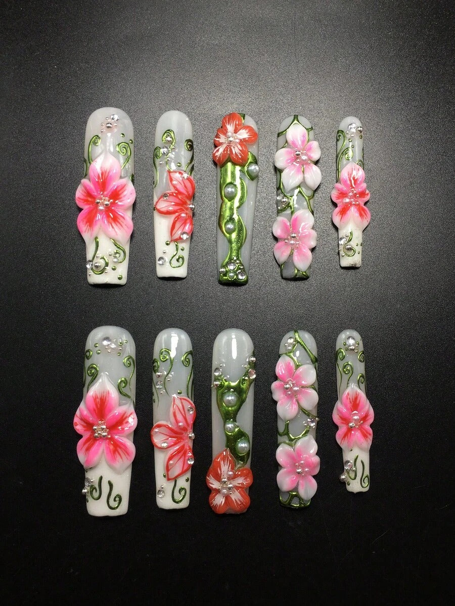 White extra long coffin press-on nails with 3D pink hibiscus flowers and green vines
