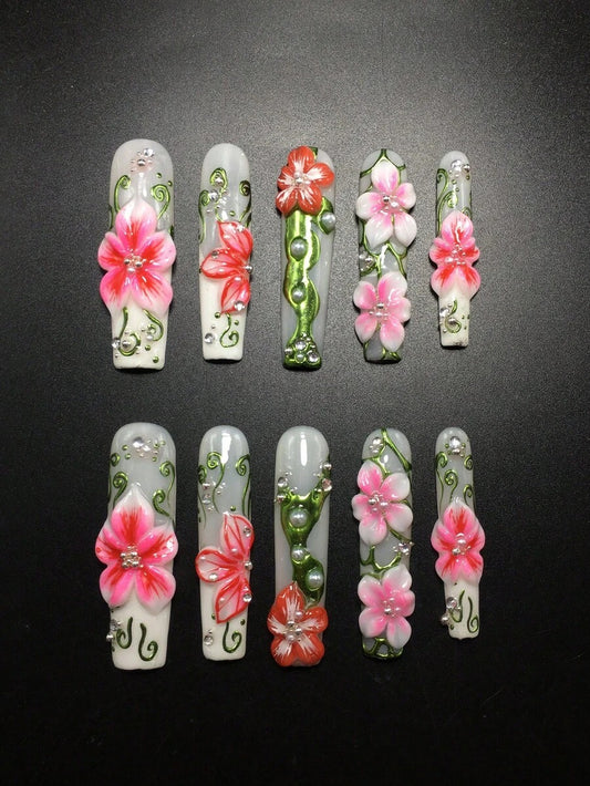 White extra long coffin press-on nails with 3D pink hibiscus flowers and green vines