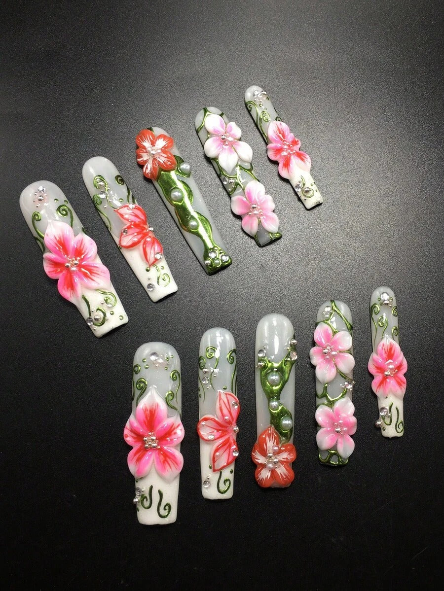 Hibiscus coffin press-on nails, detail view
