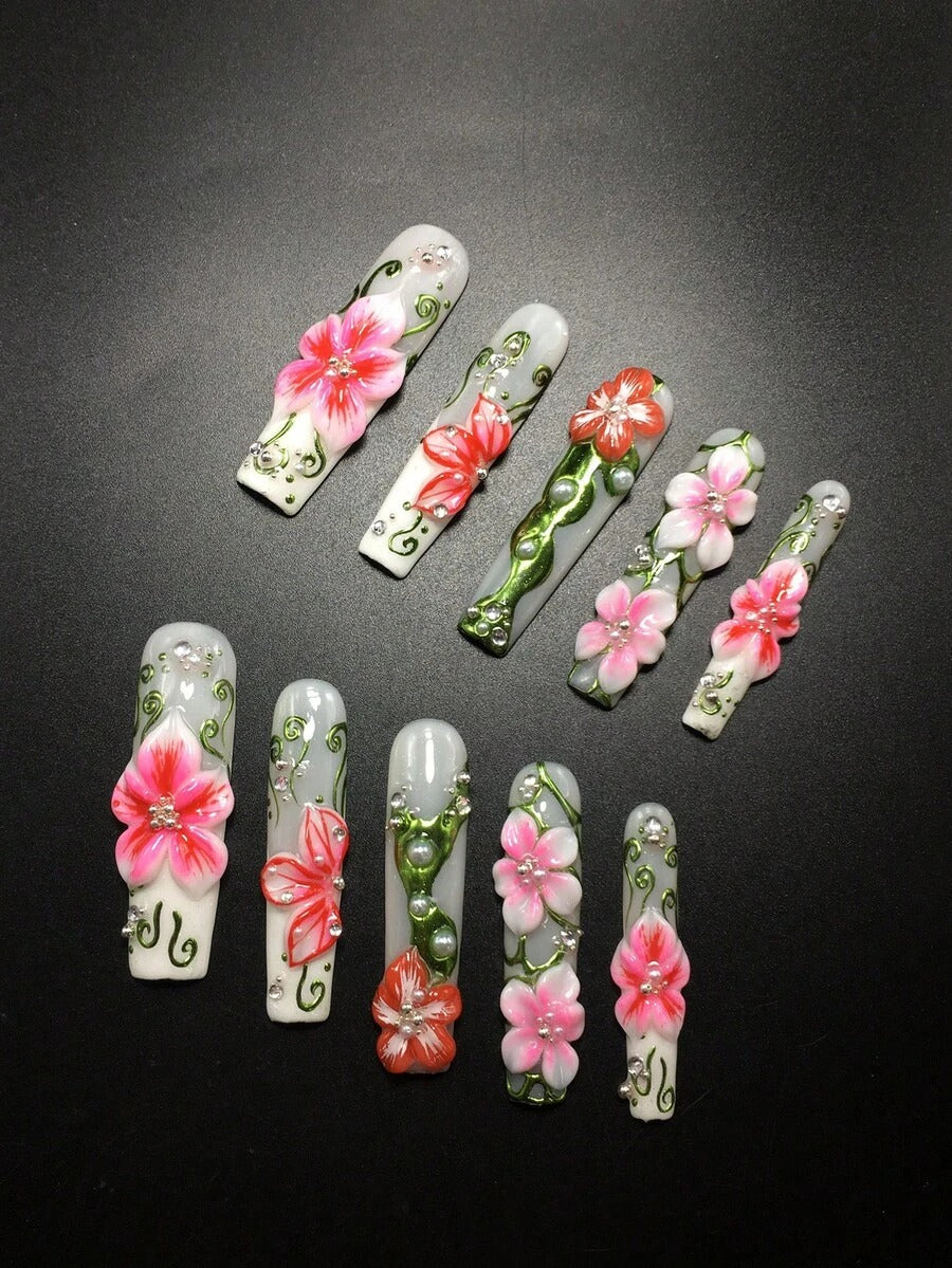 Hibiscus coffin press-on nails, full set