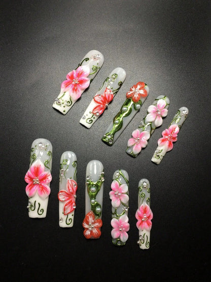 Hibiscus coffin press-on nails, full set
