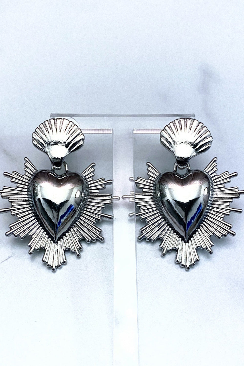 Silver Milagro Corazon Sacred Heart Dangle Earrings