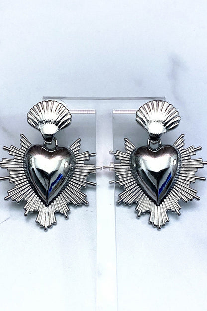 Silver Milagro Corazon Sacred Heart Dangle Earrings