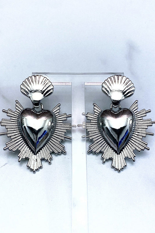 Silver Milagro Corazon Sacred Heart Dangle Earrings