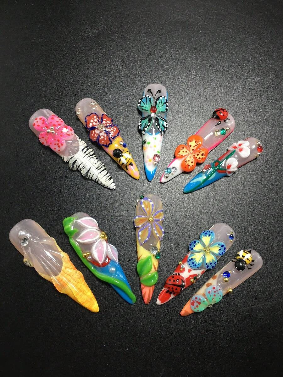Garden Party bugs and blooms 3D floral extra long stiletto press-on nails