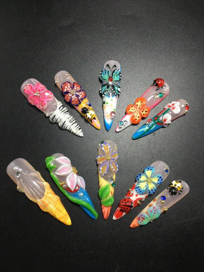 Garden Party bugs and blooms 3D floral extra long stiletto press-on nails