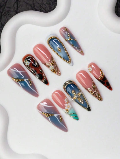 Tortoise-shell stiletto press-on nails, detail view