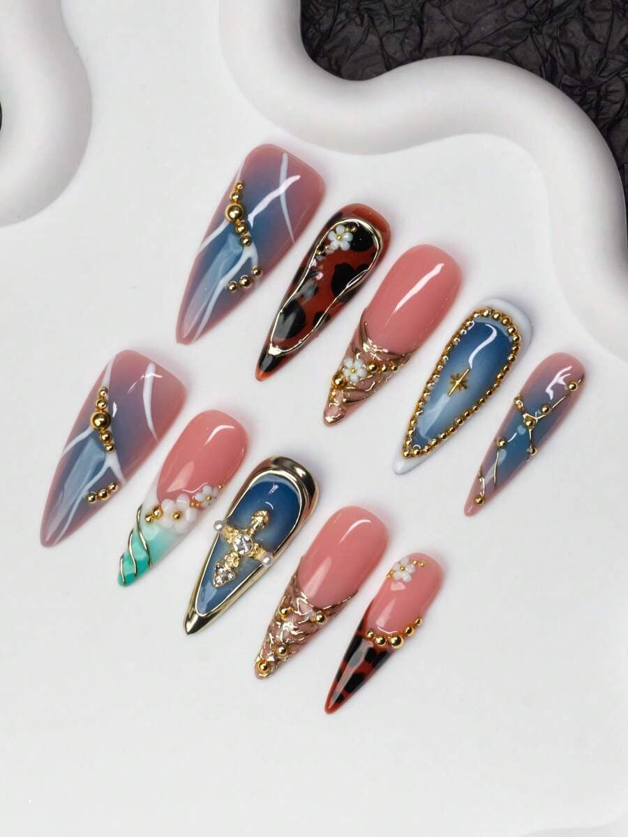 Tortoise-shell stiletto press-on nails, full set