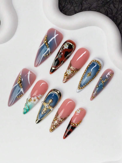 Tortoise-shell stiletto press-on nails, full set