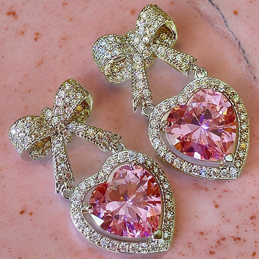 Glitz Bow Heart Dangle Earrings